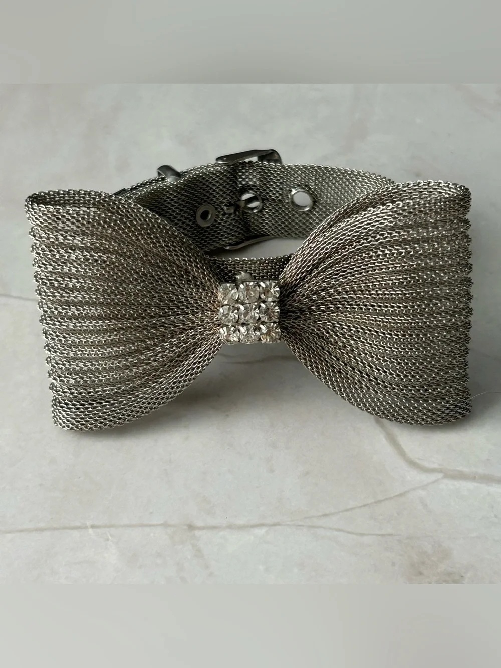 Silver Mesh Bow Bracelet with Crystal Accent